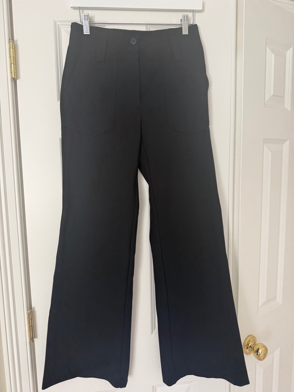 Maeve Black Boot-Cut Pants with Front Patch Pockets